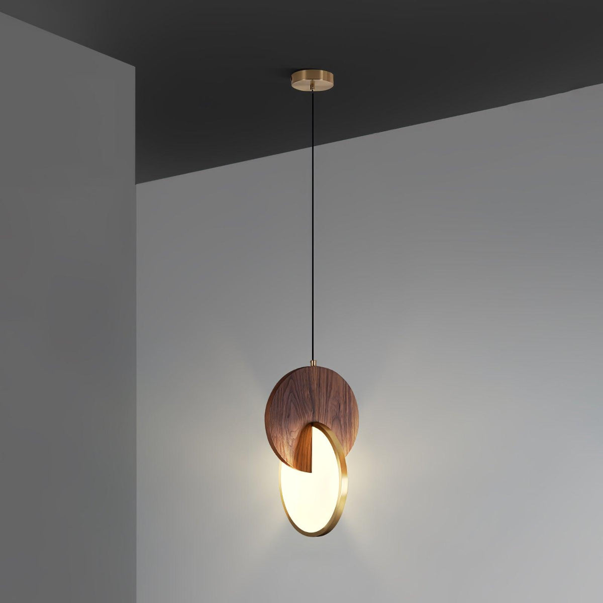 Double Disk Pendant Lamp ∅ 7.9″ x H 11.8″ / Dia 20cm x H 30cm / Walnut Wood & Gold / Warm Light Pendant light