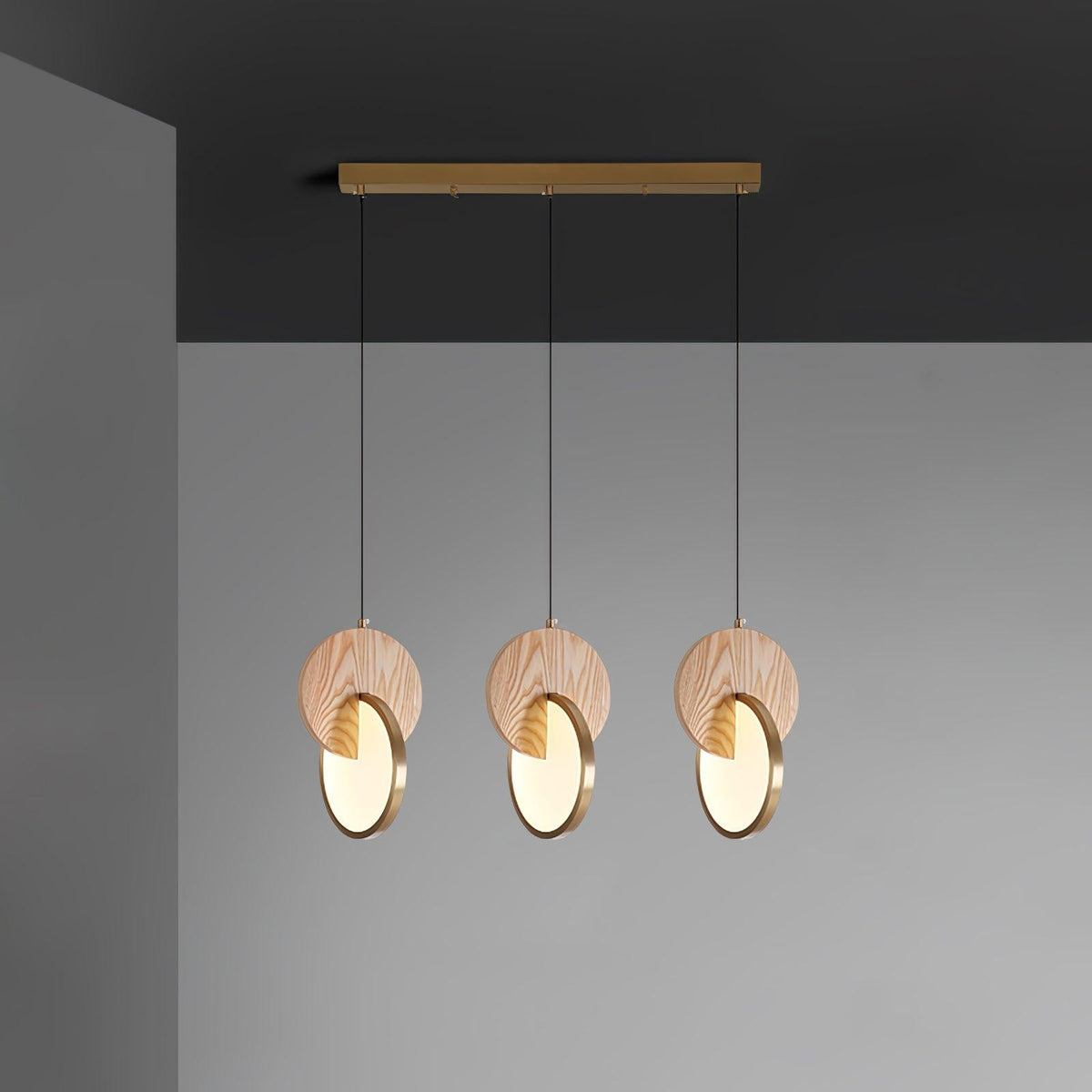 Double Disk Pendant Lamp 3 heads L 29.5″ x W 7.9″ x H 59″ / L 75cm x W 20cm x H 150cm / Nature Wood & Gold / Warm Light