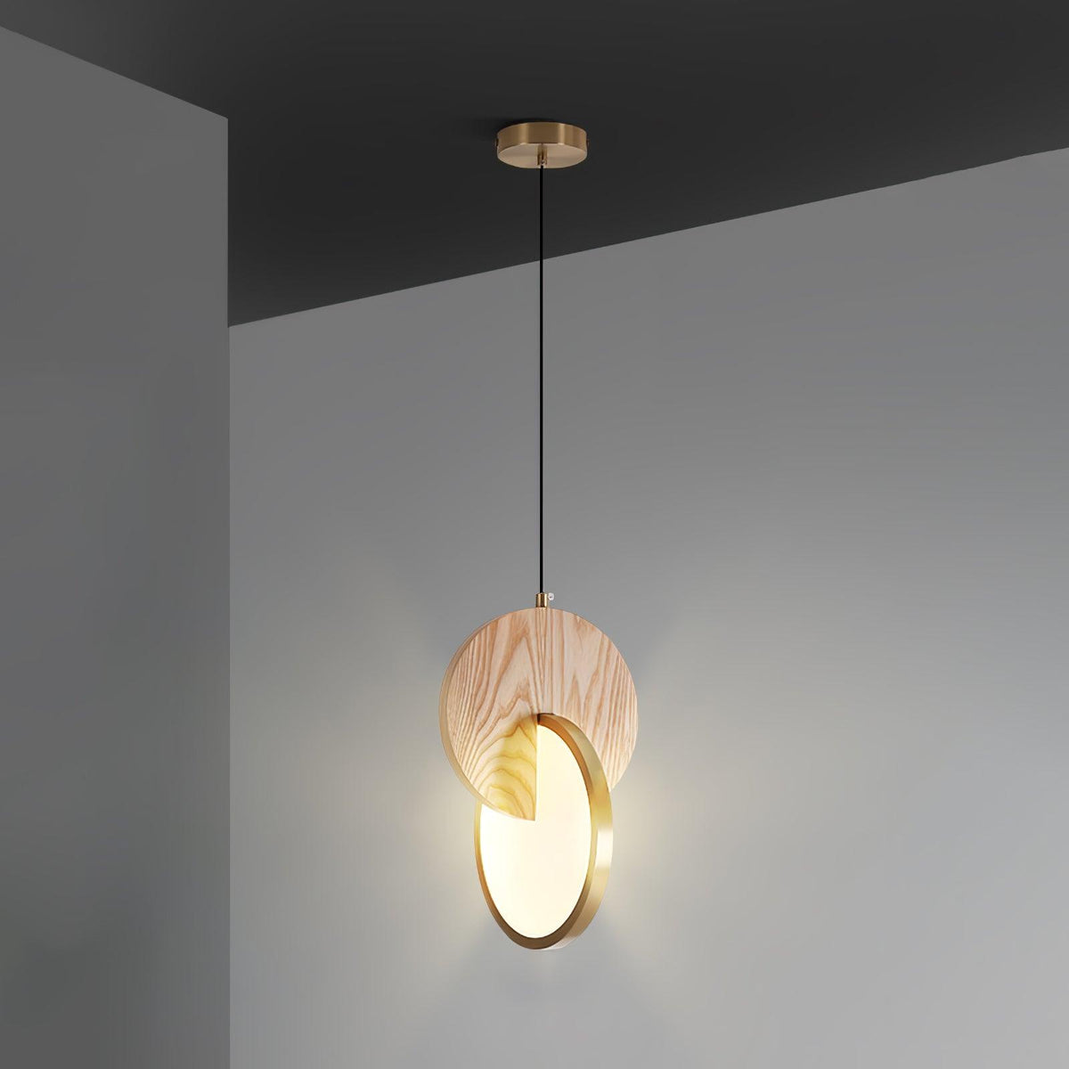 Double Disk Pendant Lamp ∅ 9.8″ x H 15″ / Dia 25cm x H 38cm / Nature Wood & Gold / Warm Light Pendant light