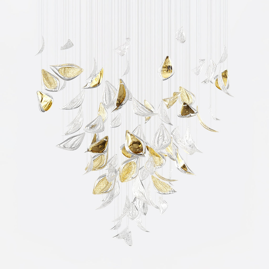 Floating Leaves Chandelier ∅ 47.2″ x 78.7″ / Dia 120cm x 200cm / Gold & Clear / Warm Light Chandelier