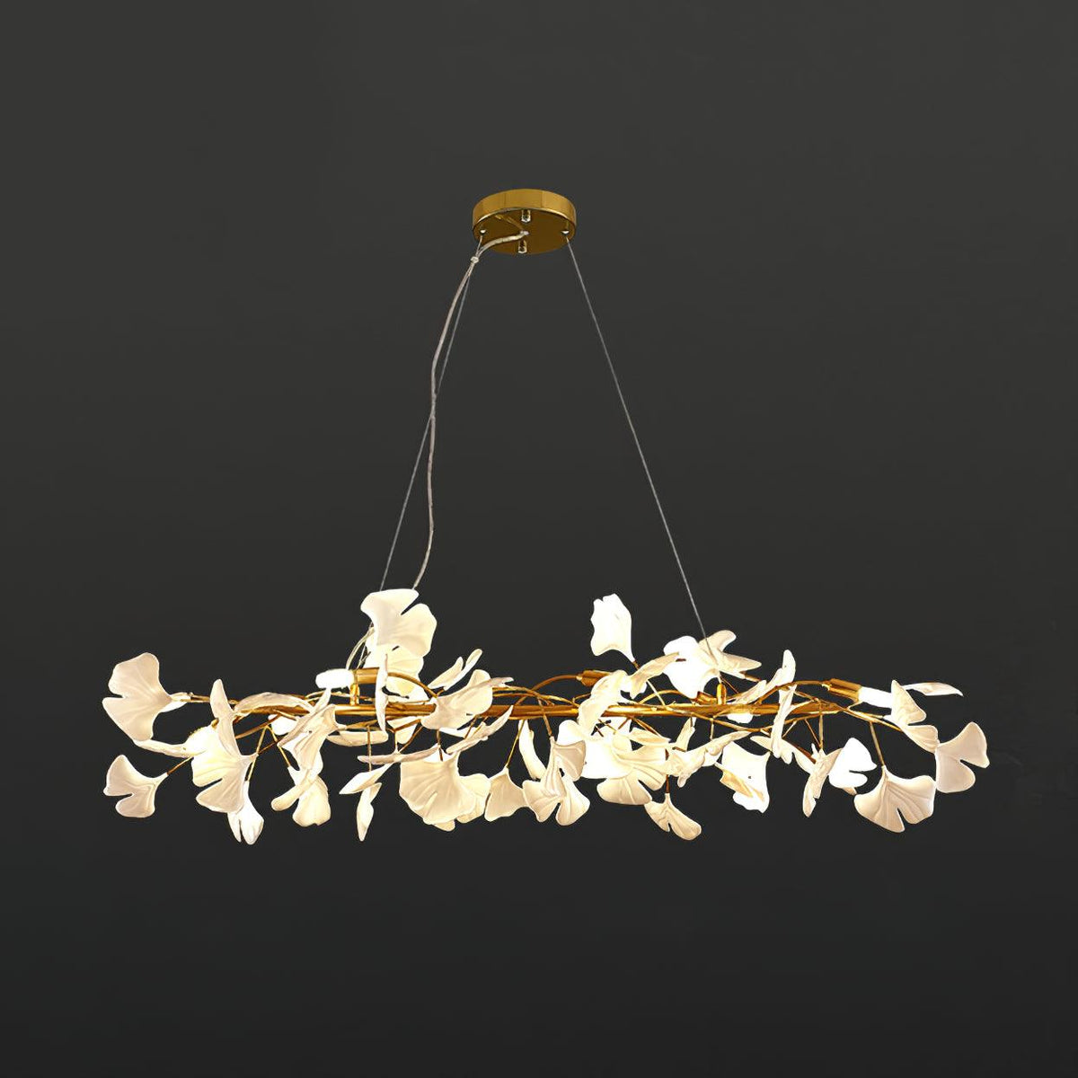 Gingko Chandelier M L 39.4″ x W 11.8″ / L 100cm x W 30cm / Gold + White Chandelier