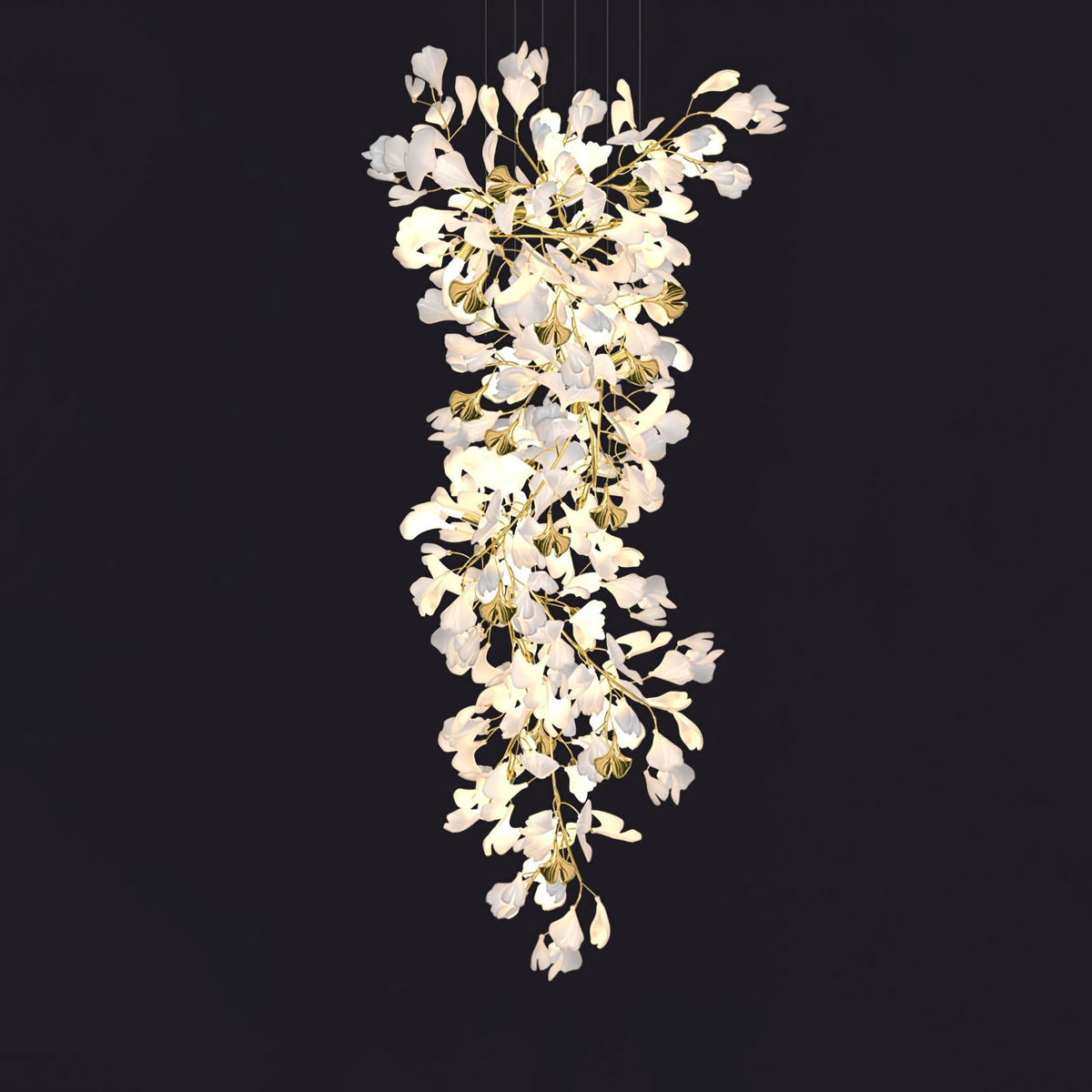 Gingko Chandelier Z ? 27.6″ x H 118.1″ / Dia 70cm x H 300cm / Gold & White Chandelier