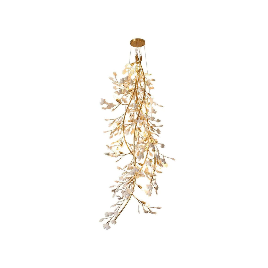 Gingko Long Branch Chandelier L 31.5″ x H 78″ / L 80cm x H 198cm / Gold & White Chandelier