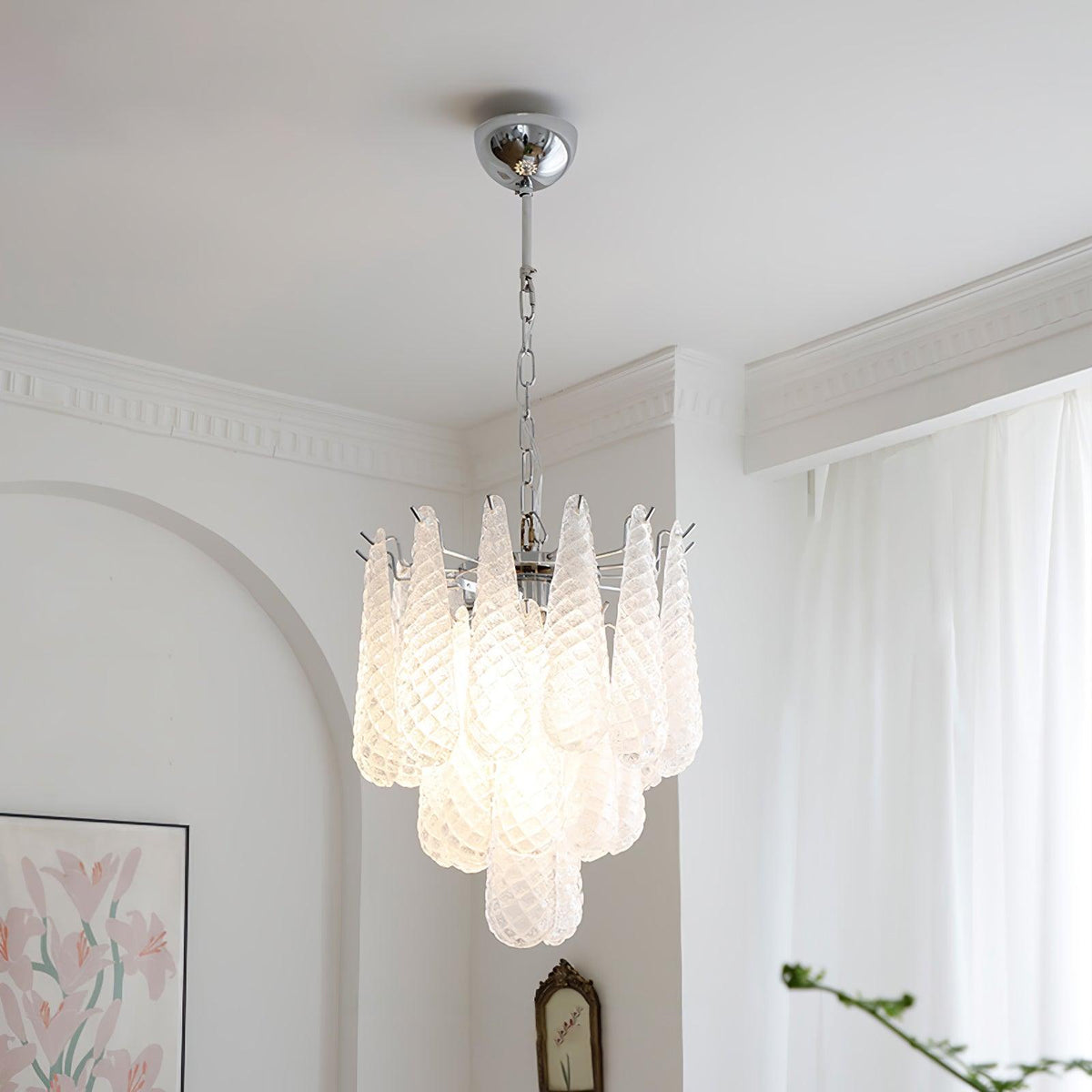 Grid Glass Waterfall Chandelier ∅ 15.7″ x H 18.1″ / Dia 40cm x H 46cm / Chrome & White Chandelier