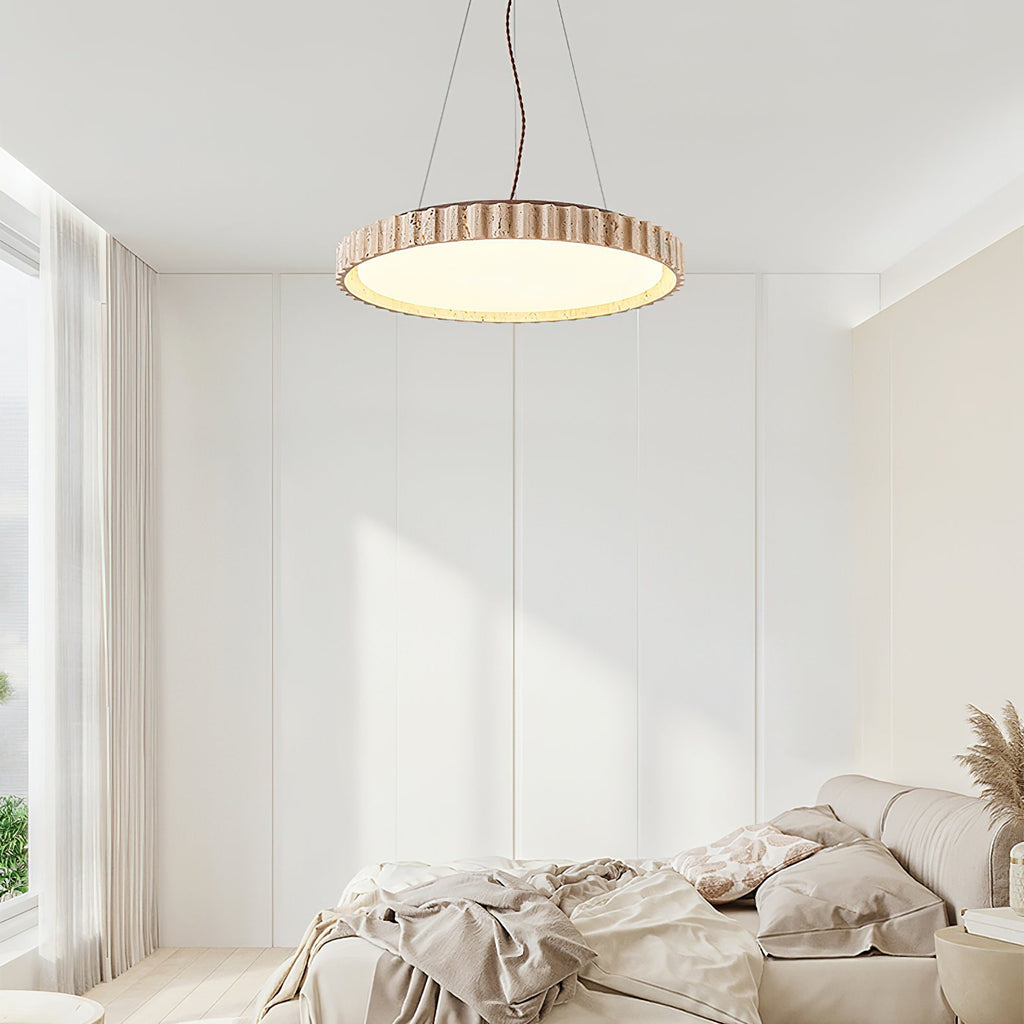 Grove Circle Pendant Light ∅ 12.6’’ x H 2.8’’ / Yellow Travertine & White / Warm Light pendant Lamp
