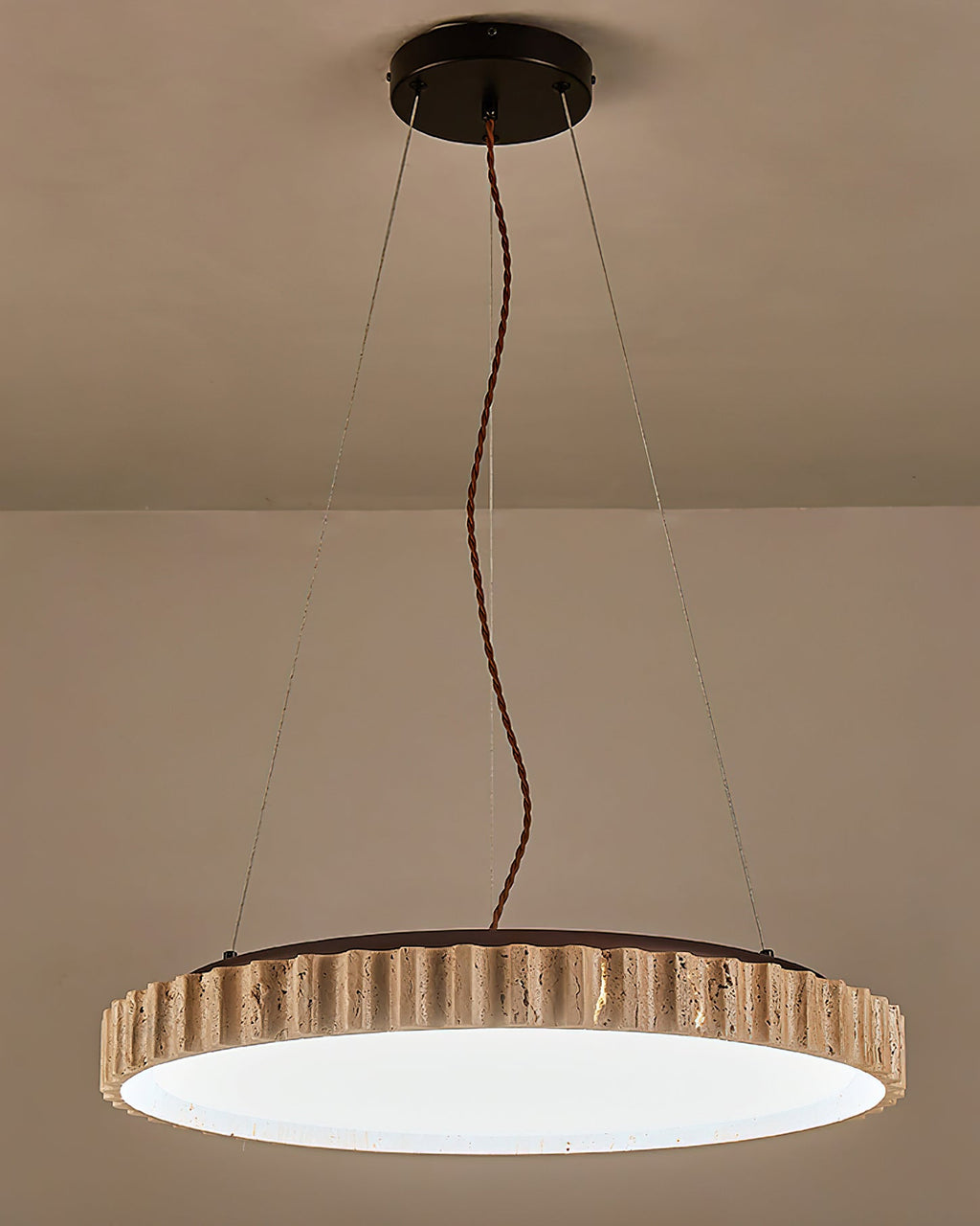 Grove Circle Pendant Light ∅ 12.6’’ x H 2.8’’ / Yellow Travertine & White / Warm Light pendant Lamp