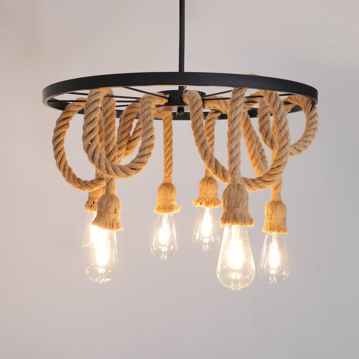 Hemp Rope Industrial Six Head Chandelier ? 19.7″ x H 19.7″ / Dia 50cm x H 50cm / Black & Linen color Chandelier