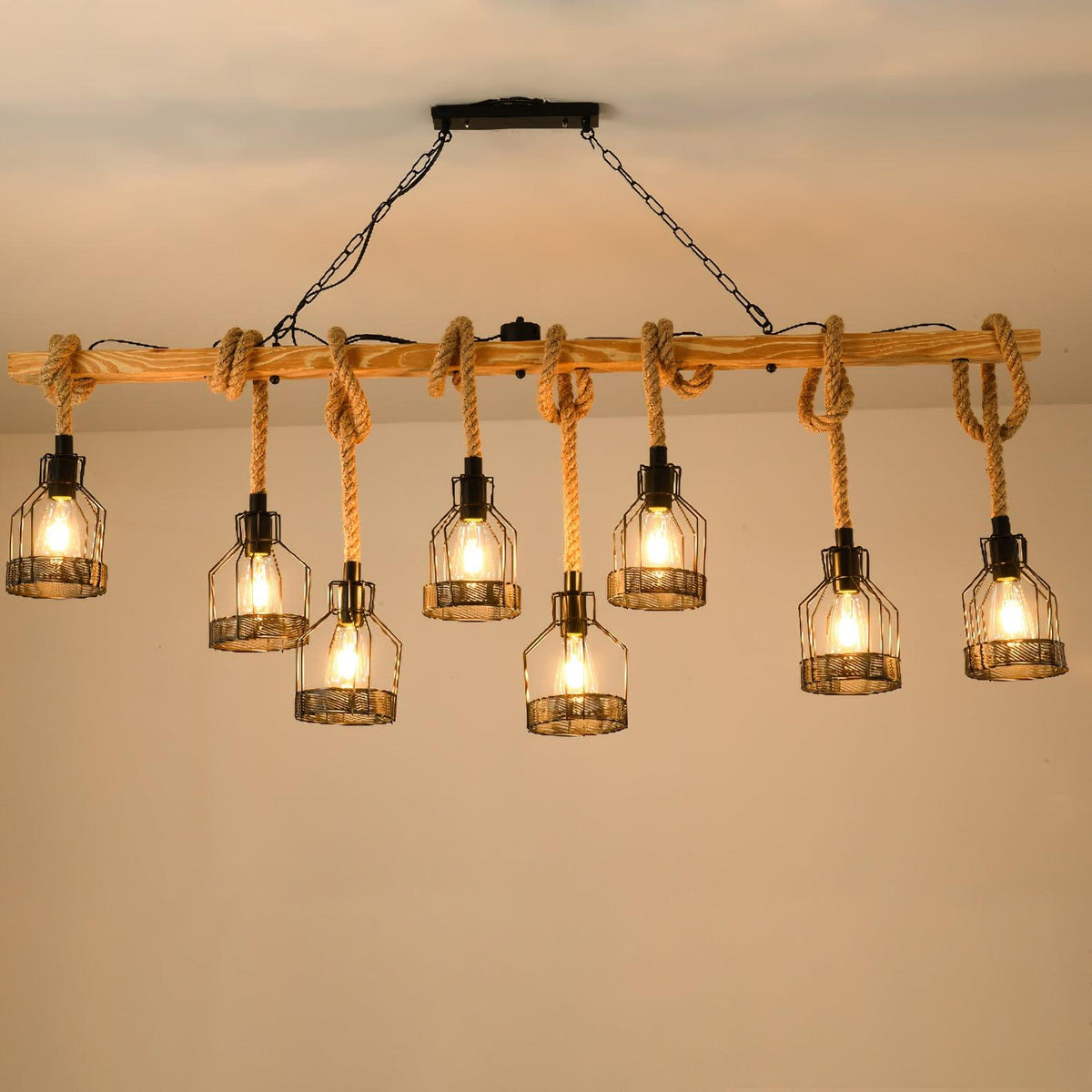 Hemp Rope Industrial Grenade Chandelier 8Heads L 59.1″ x H 23.6″ / L 150cm x H 60cm / Wood color & Linen color