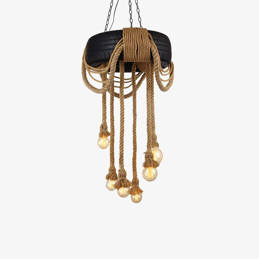 Hemp Rope Industrial Tire Chandelier ∅ 23.6″ x H 47.2″ / Dia 60cm x H 120cm / Black & Linen color Chandelier