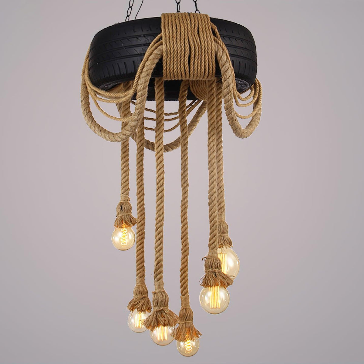 Hemp Rope Industrial Tire Chandelier ∅ 23.6″ x H 47.2″ / Dia 60cm x H 120cm / Black & Linen color Chandelier
