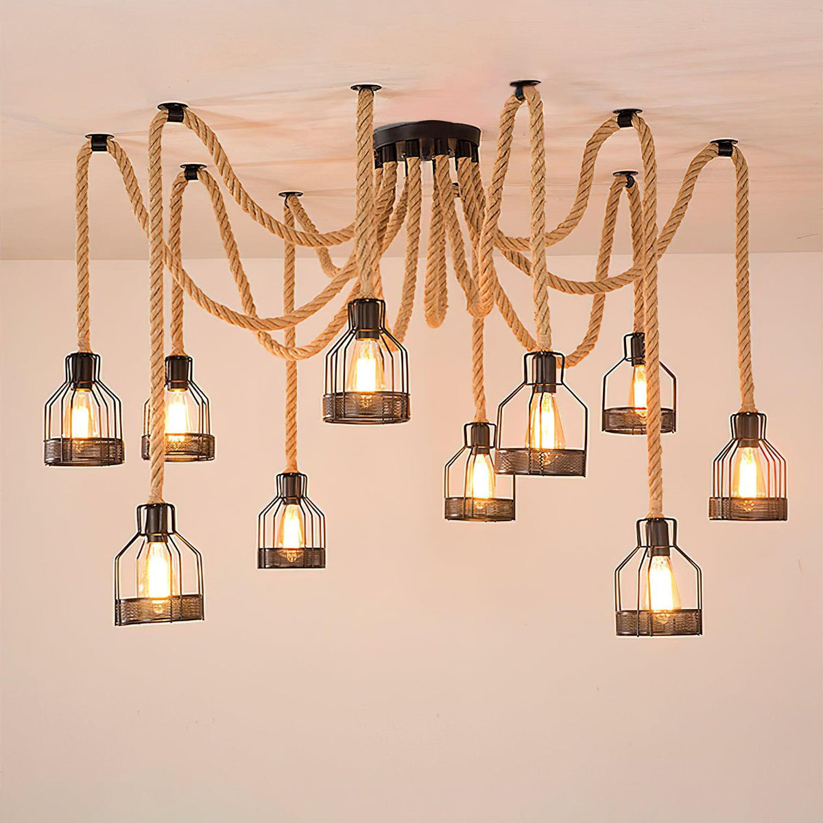 Hemp Rope Scattered Flower Chandelier Model B ? 59.1″ x H 39.4″ / Dia 150cm x H 100cm / Black & Linen color Chandelier