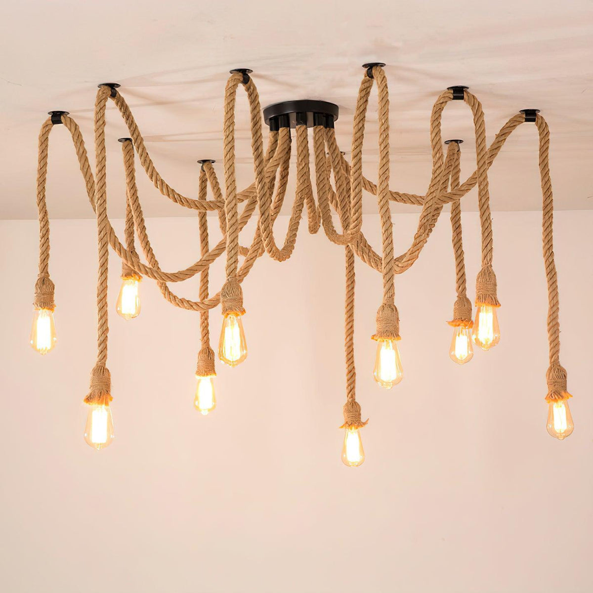 Hemp Rope Scattered Flower Chandelier Model A ? 59.1″ x H 39.4″ / Dia 150cm x H 100cm / Black & Linen color Chandelier