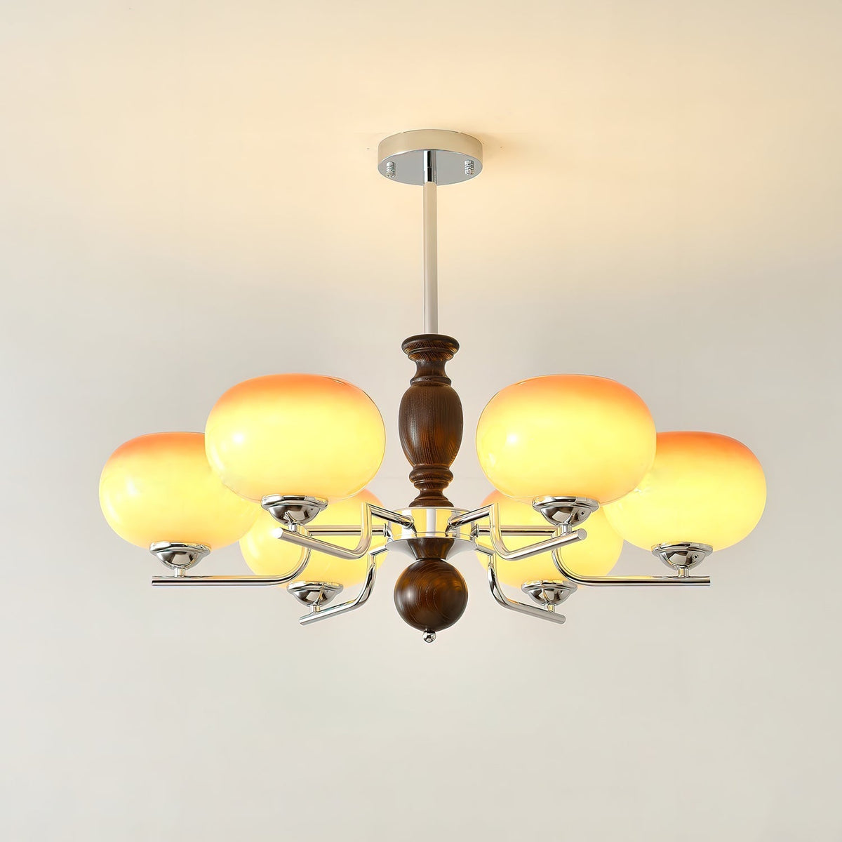 Kingsley Chandelier 6 heads ∅ 29.5″ x H 15″ / Walnut Color & Gold & Chrome Chandelier