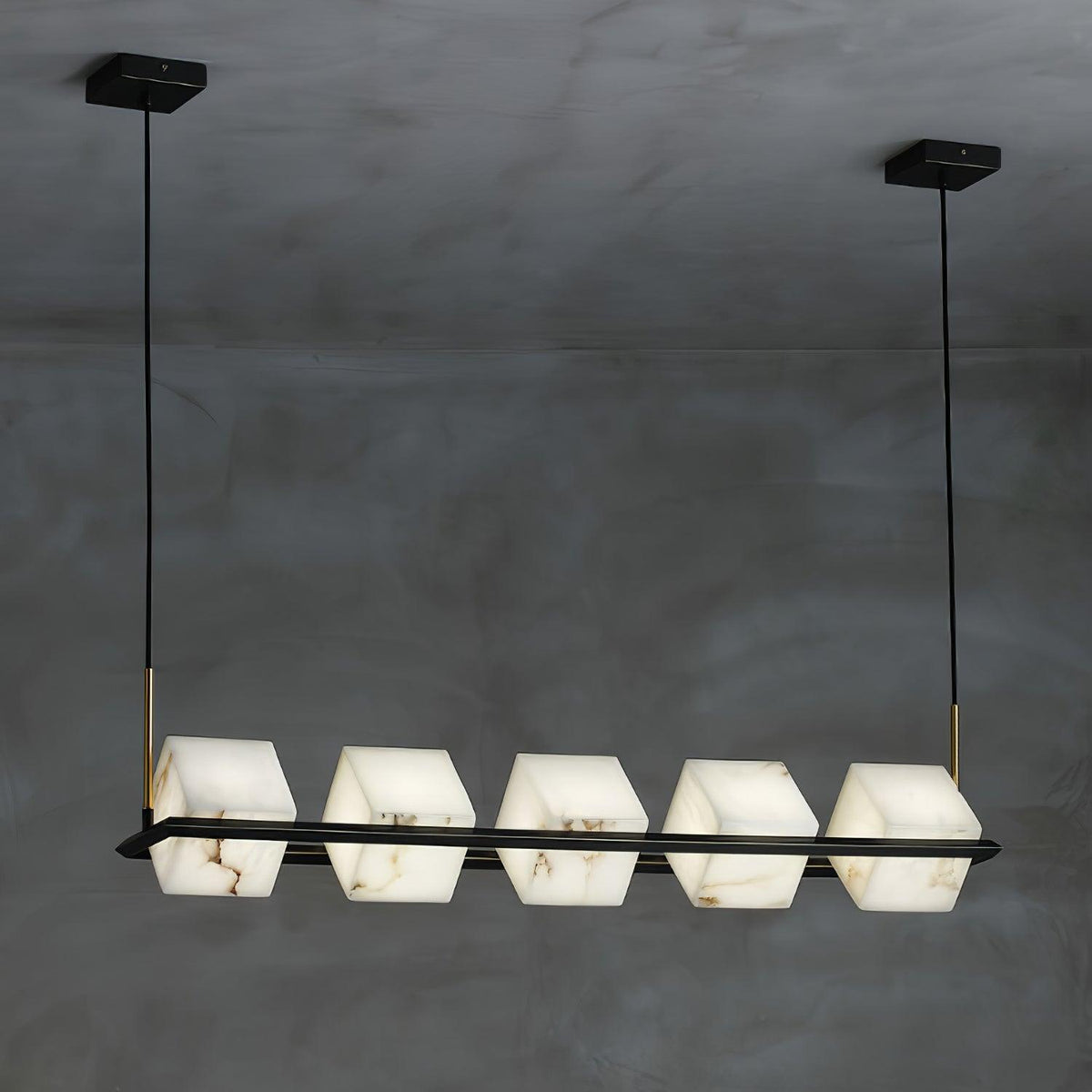 Alabaster Square Box Chandelier 5 Heads L 39.4″ x W 6.7″ x H 6.7″ / L 100cm x W 17cm x H 17cm / Brass & Black & White
