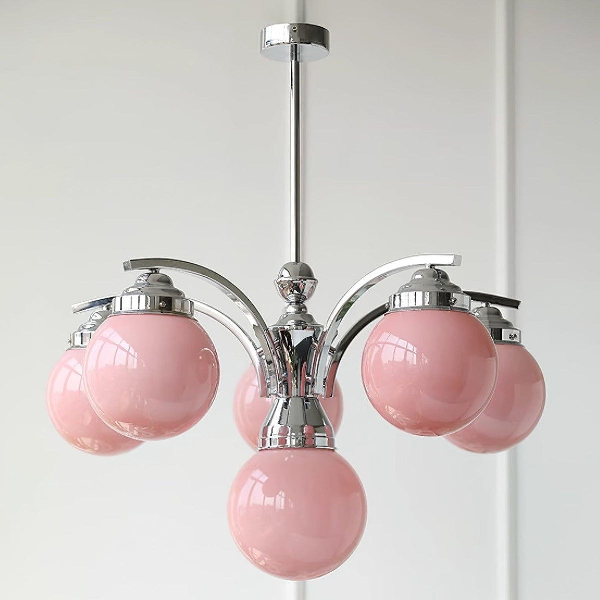 Pink Salamanca Chandelier 6 Heads ? 29.5″ x H 17.7″ / Dia 75cm x H 45cm / Chrome & Pink Chandelier