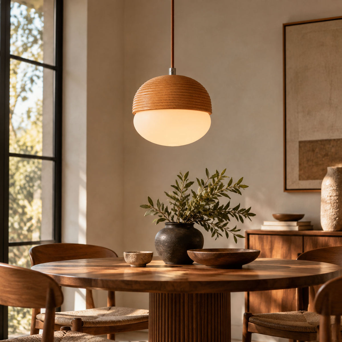 Ribbed Wood Globe Pendant Light