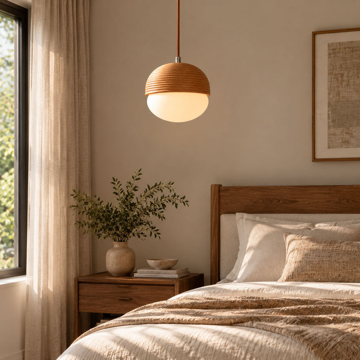 Ribbed Wood Globe Pendant Light