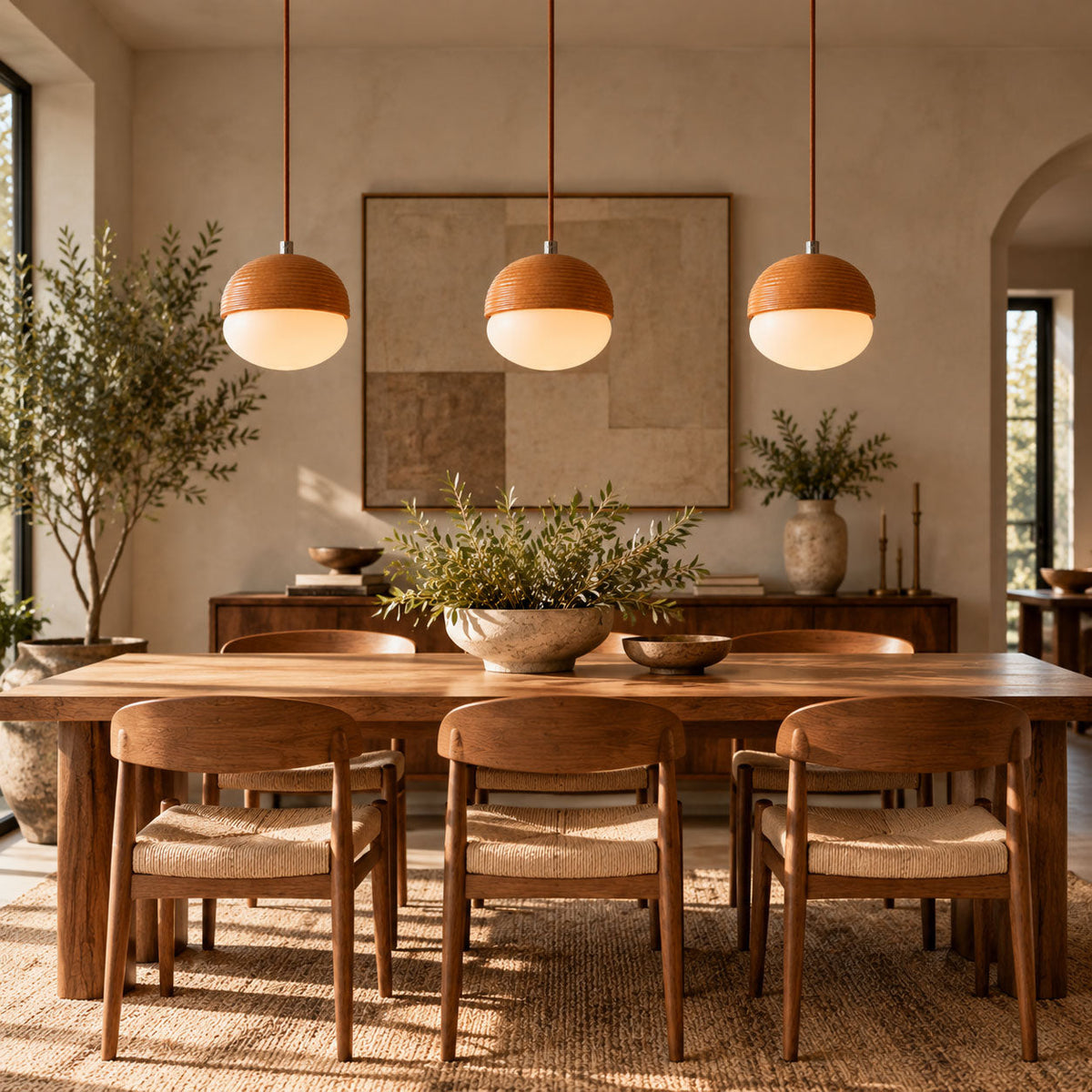 Ribbed Wood Globe Pendant Light