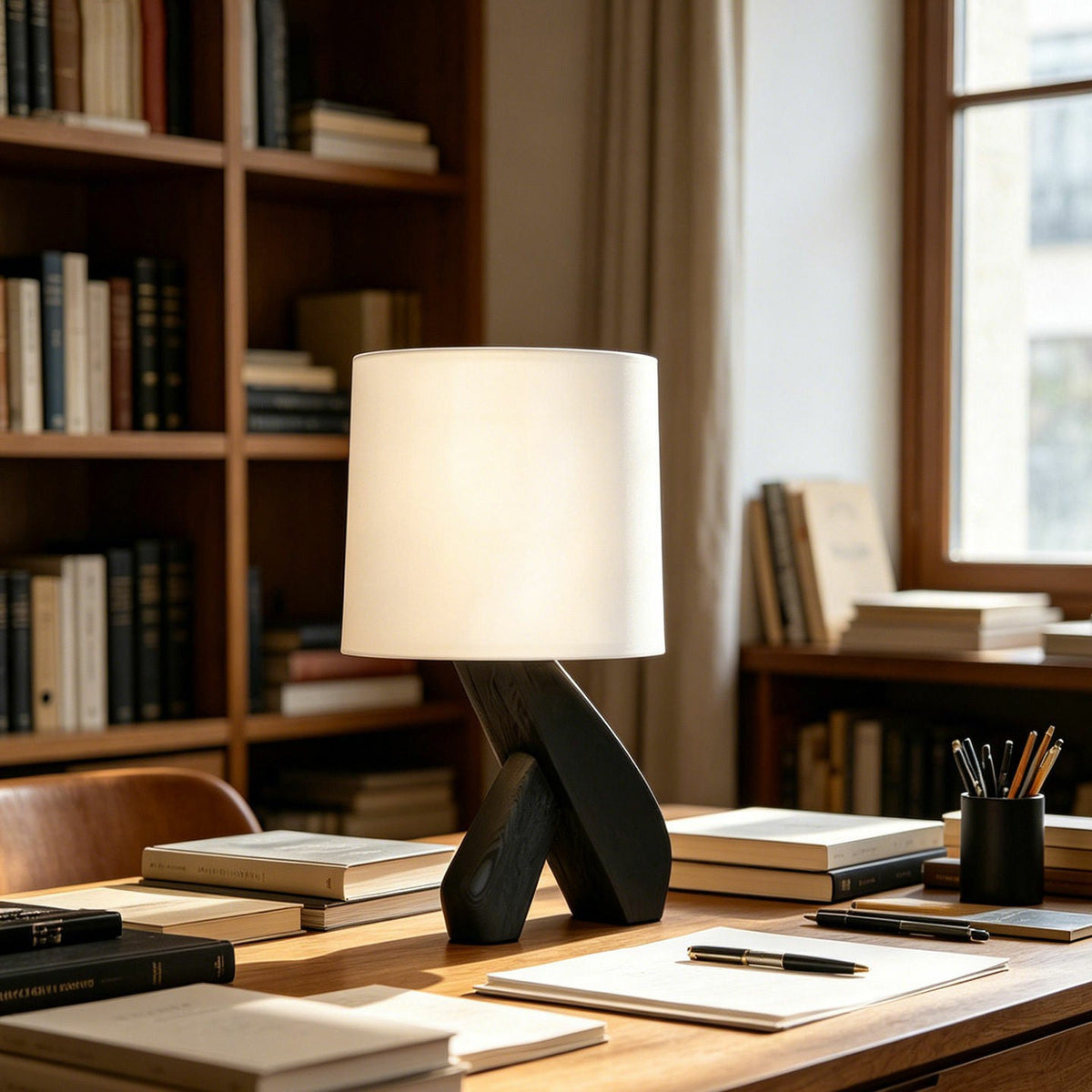 Sculptural Black Wood Table Lamp