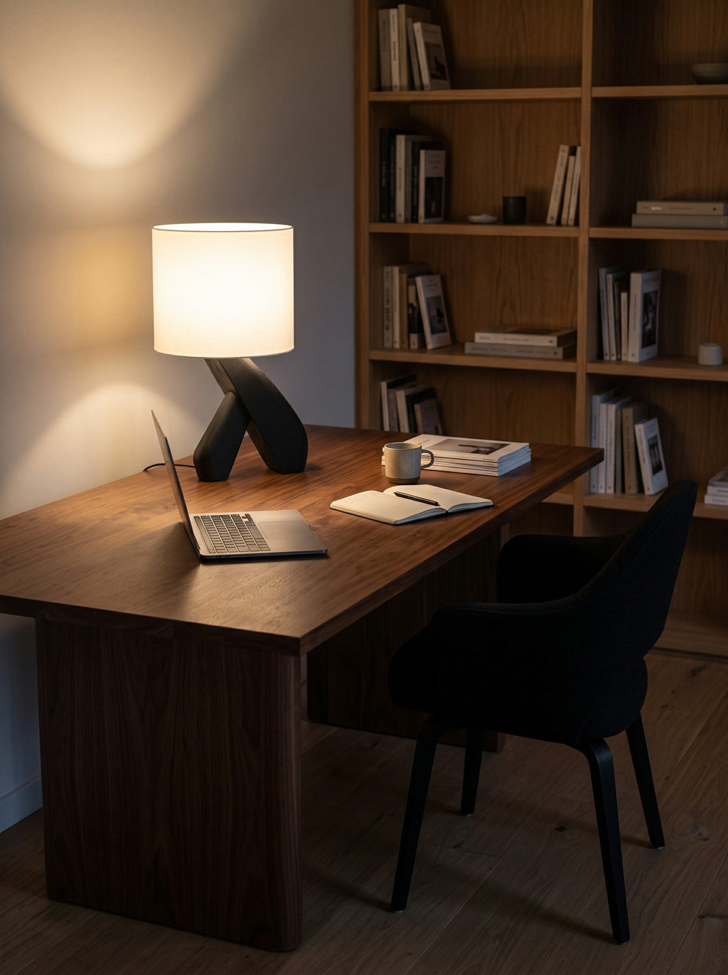 Sculptural Black Wood Table Lamp