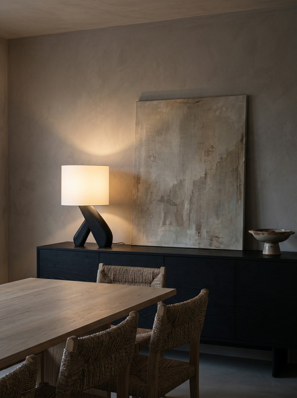 Sculptural Black Wood Table Lamp