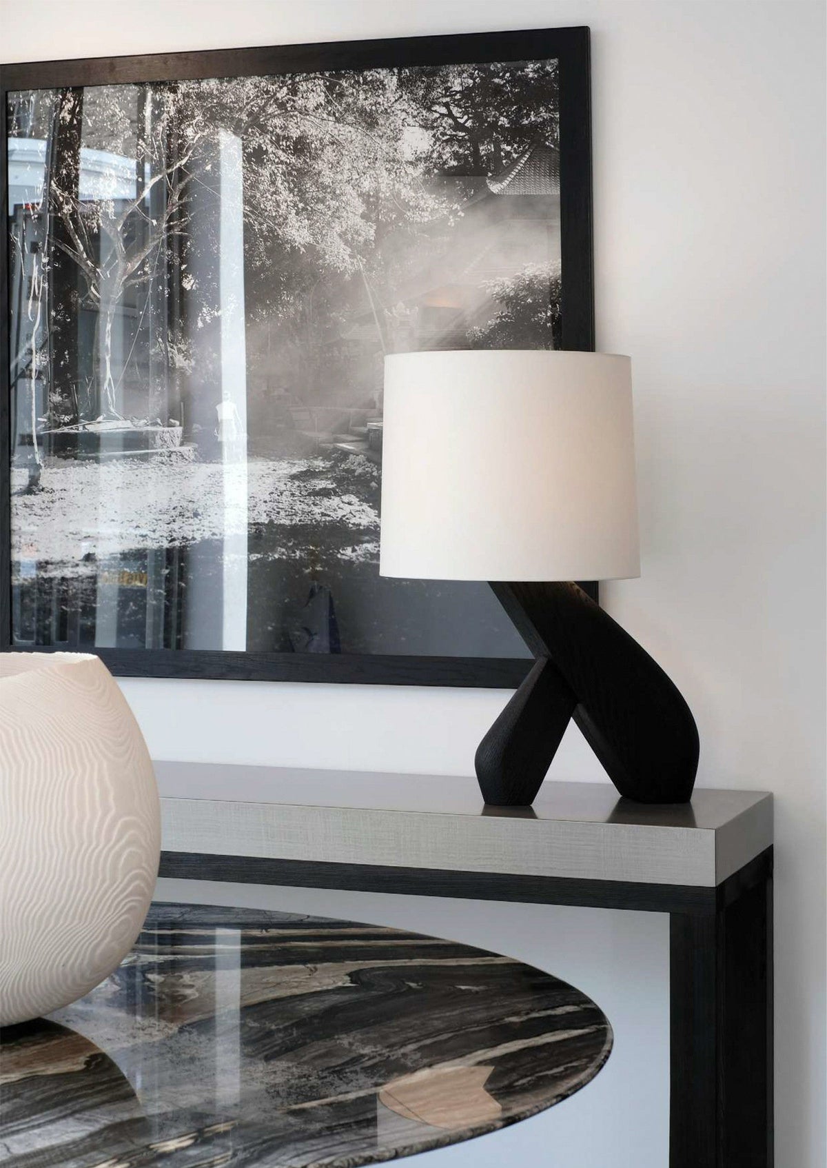 Sculptural Black Wood Table Lamp