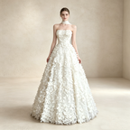Elegantes A-Linien Abendkleid mit 3D-Blumen | Trägerloses Maxikleid Weiß