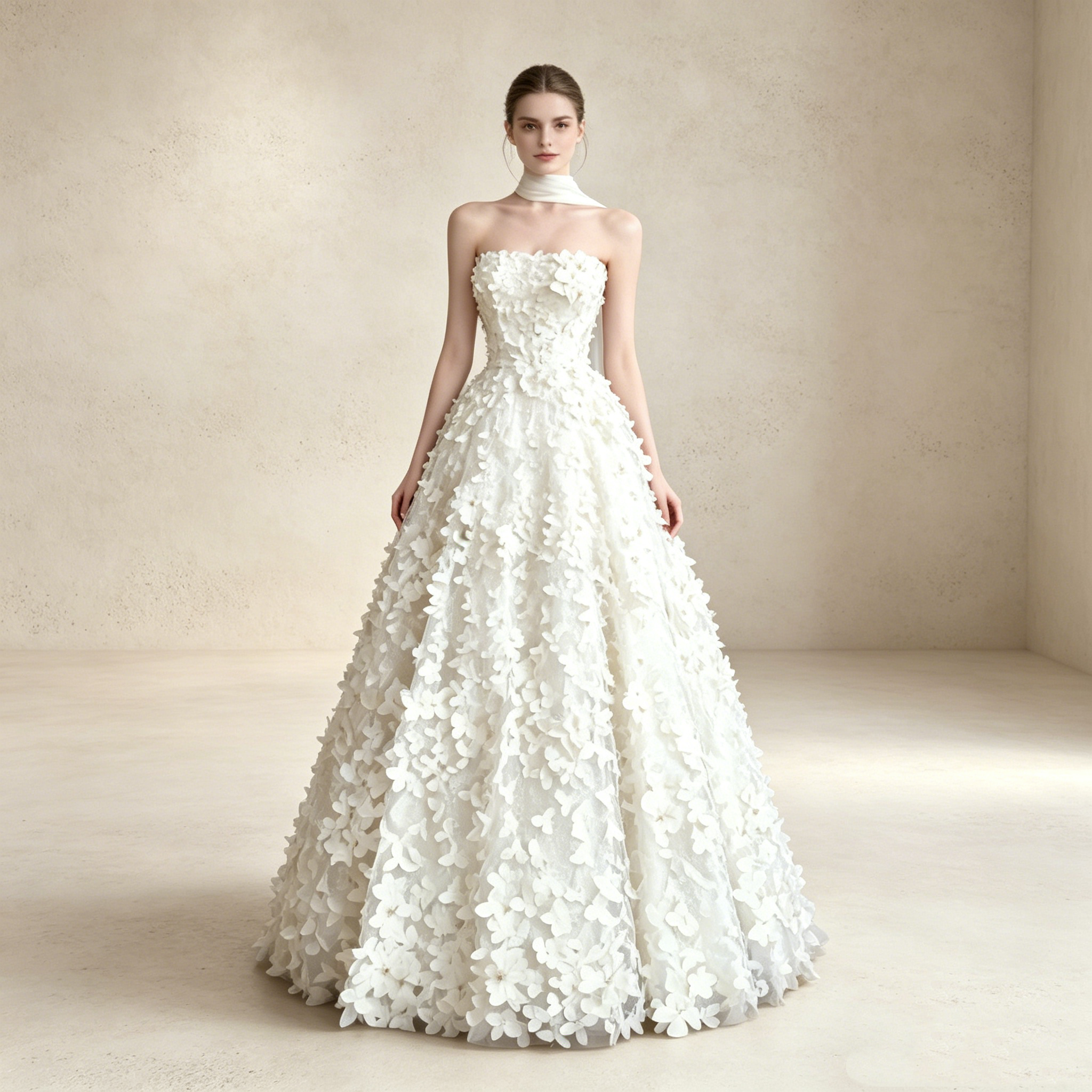 Elegantes A-Linien Abendkleid mit 3D-Blumen | Trägerloses Maxikleid Weiß