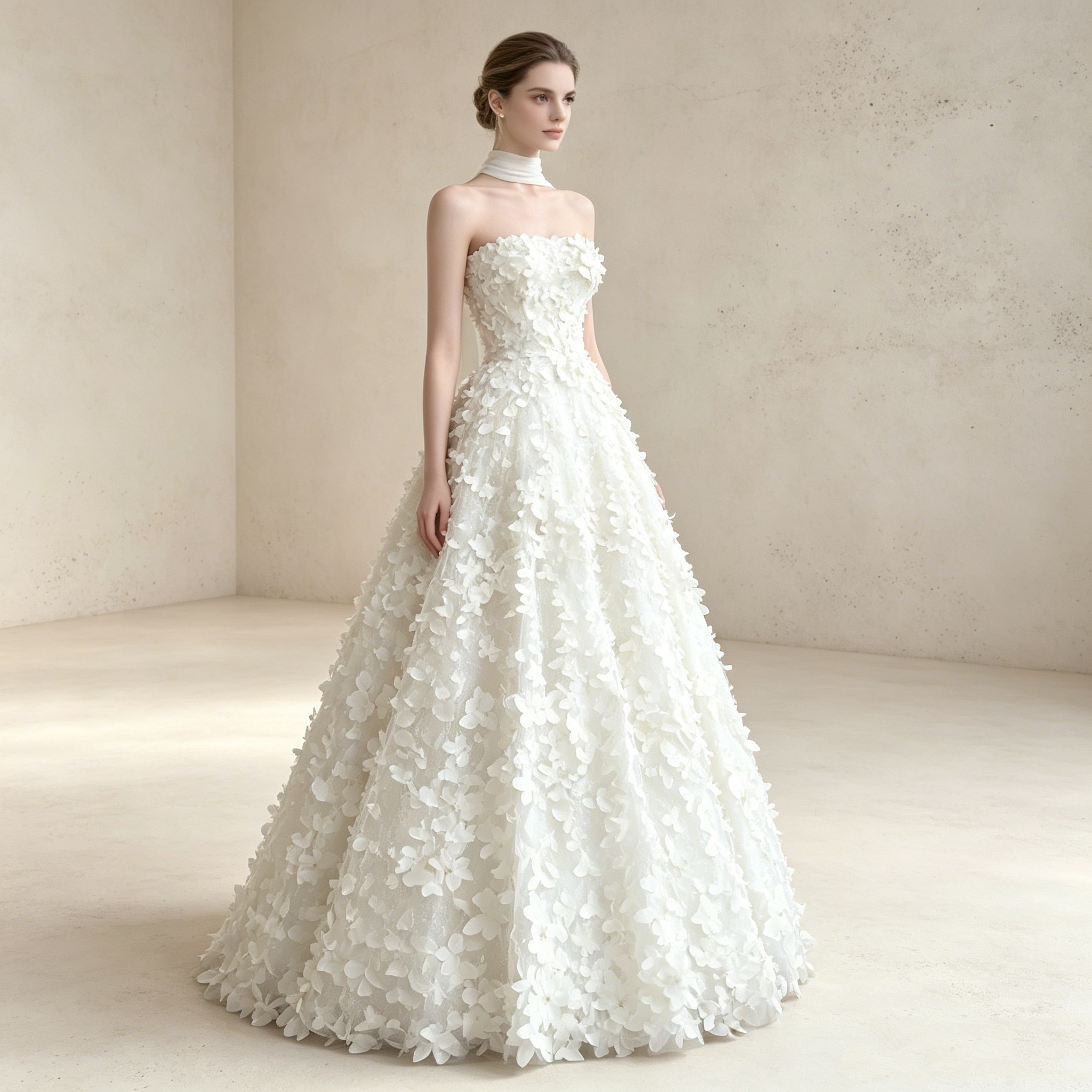Elegantes A-Linien Abendkleid mit 3D-Blumen | Trägerloses Maxikleid Weiß