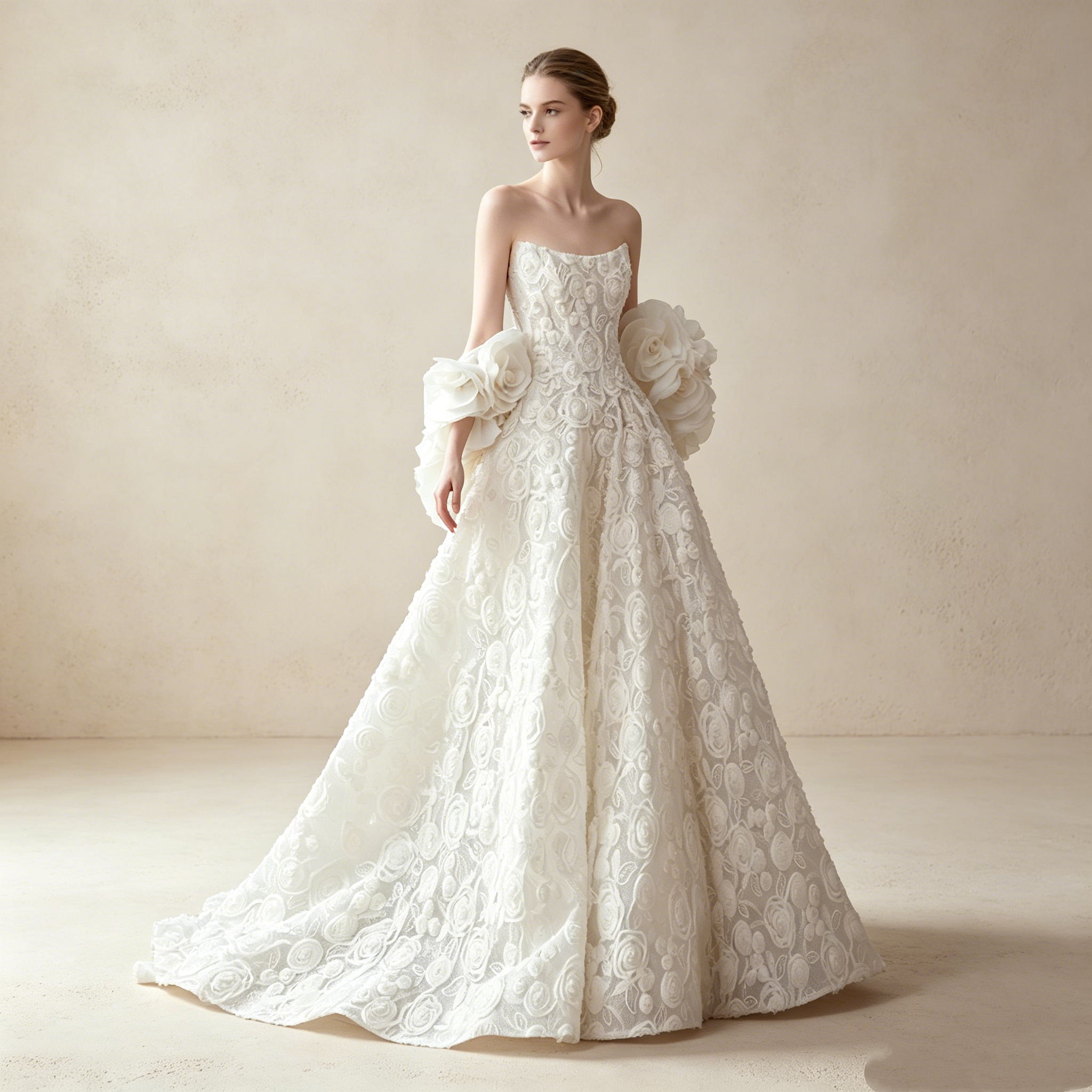 Elegantes A-Linien Spitzenkleid in Weiß | Trägerloses Maxikleid mit 3D-Blüten-Ärmeln