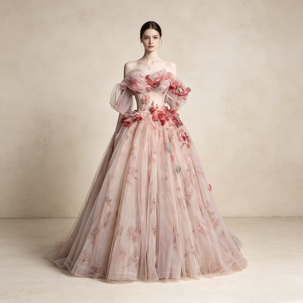 Off-Shoulder Abendkleid mit bunten Floral-Details | Elegantes Tüll-Maxikleid Rosé