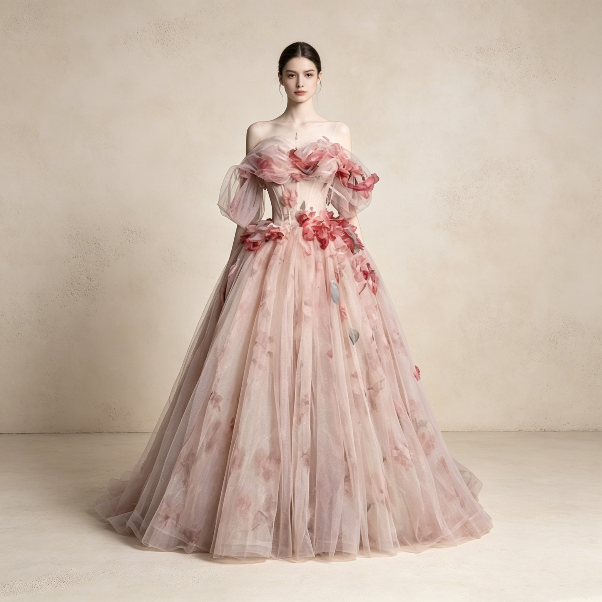 Off-Shoulder Abendkleid mit bunten Floral-Details | Elegantes Tüll-Maxikleid Rosé
