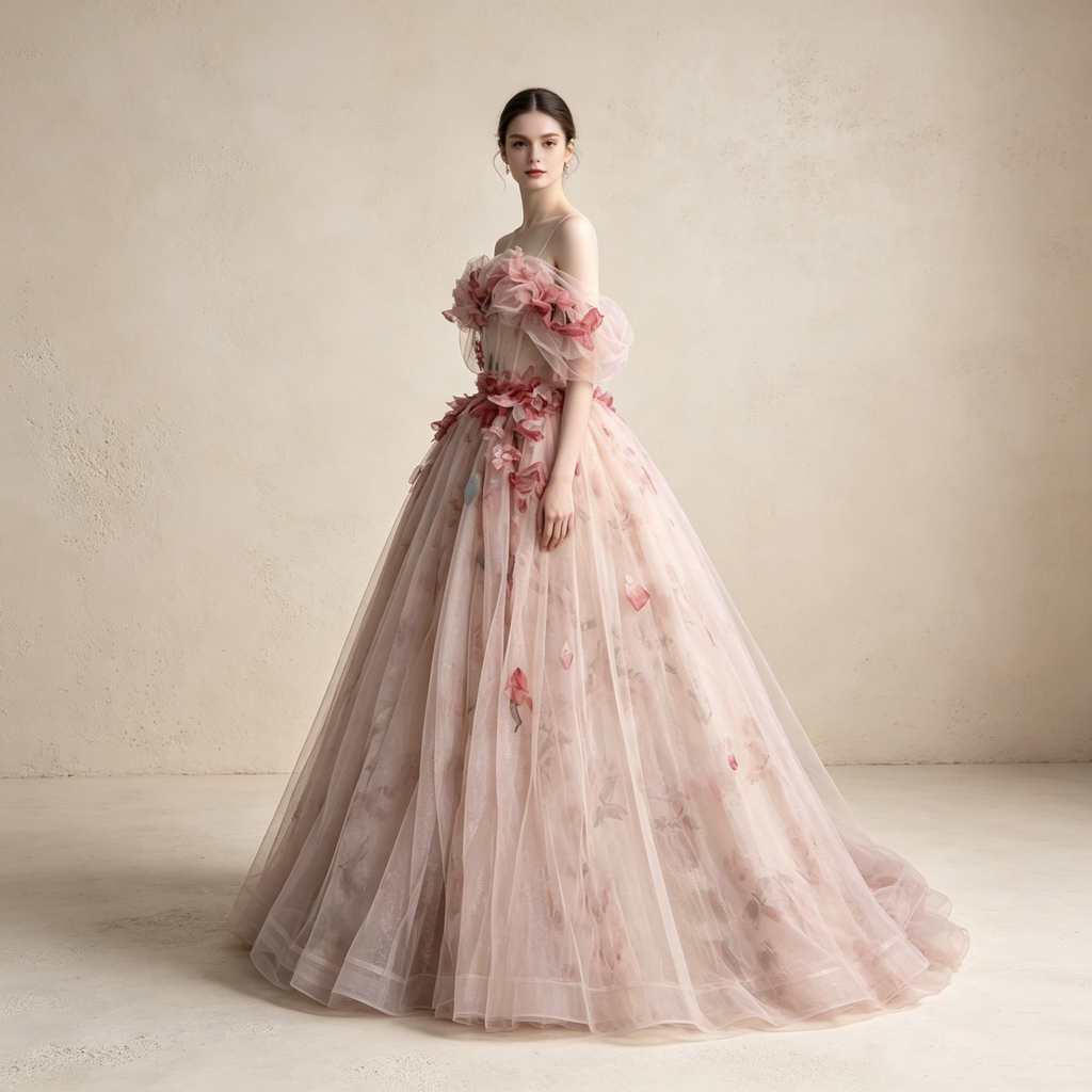 Off-Shoulder Abendkleid mit bunten Floral-Details | Elegantes Tüll-Maxikleid Rosé