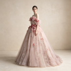 Off-Shoulder Abendkleid mit bunten Floral-Details | Elegantes Tüll-Maxikleid Rosé