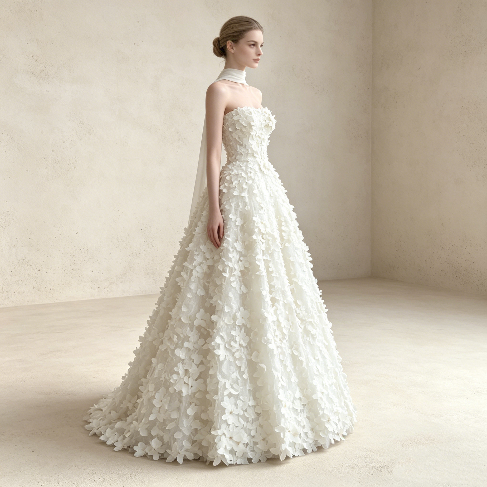 Elegantes A-Linien Abendkleid mit 3D-Blumen | Trägerloses Maxikleid Weiß