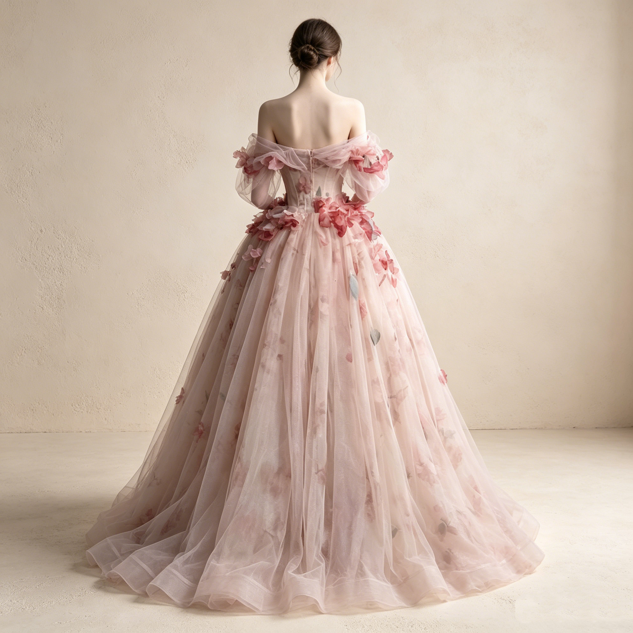 Off-Shoulder Abendkleid mit bunten Floral-Details | Elegantes Tüll-Maxikleid Rosé