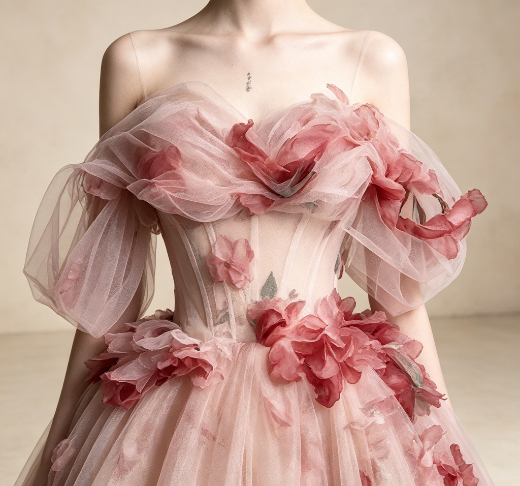 Off-Shoulder Abendkleid mit bunten Floral-Details | Elegantes Tüll-Maxikleid Rosé