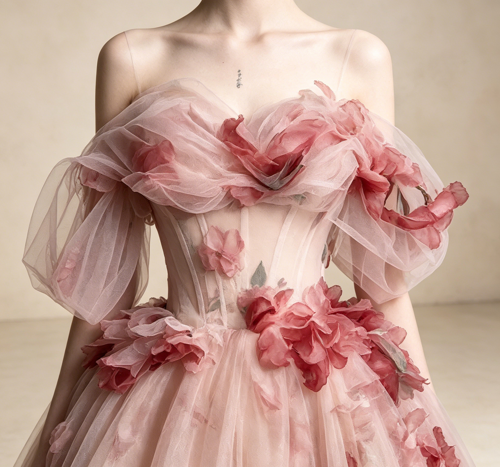 Off-Shoulder Abendkleid mit bunten Floral-Details | Elegantes Tüll-Maxikleid Rosé