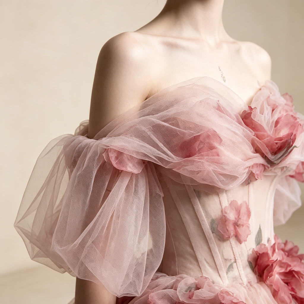 Off-Shoulder Abendkleid mit bunten Floral-Details | Elegantes Tüll-Maxikleid Rosé