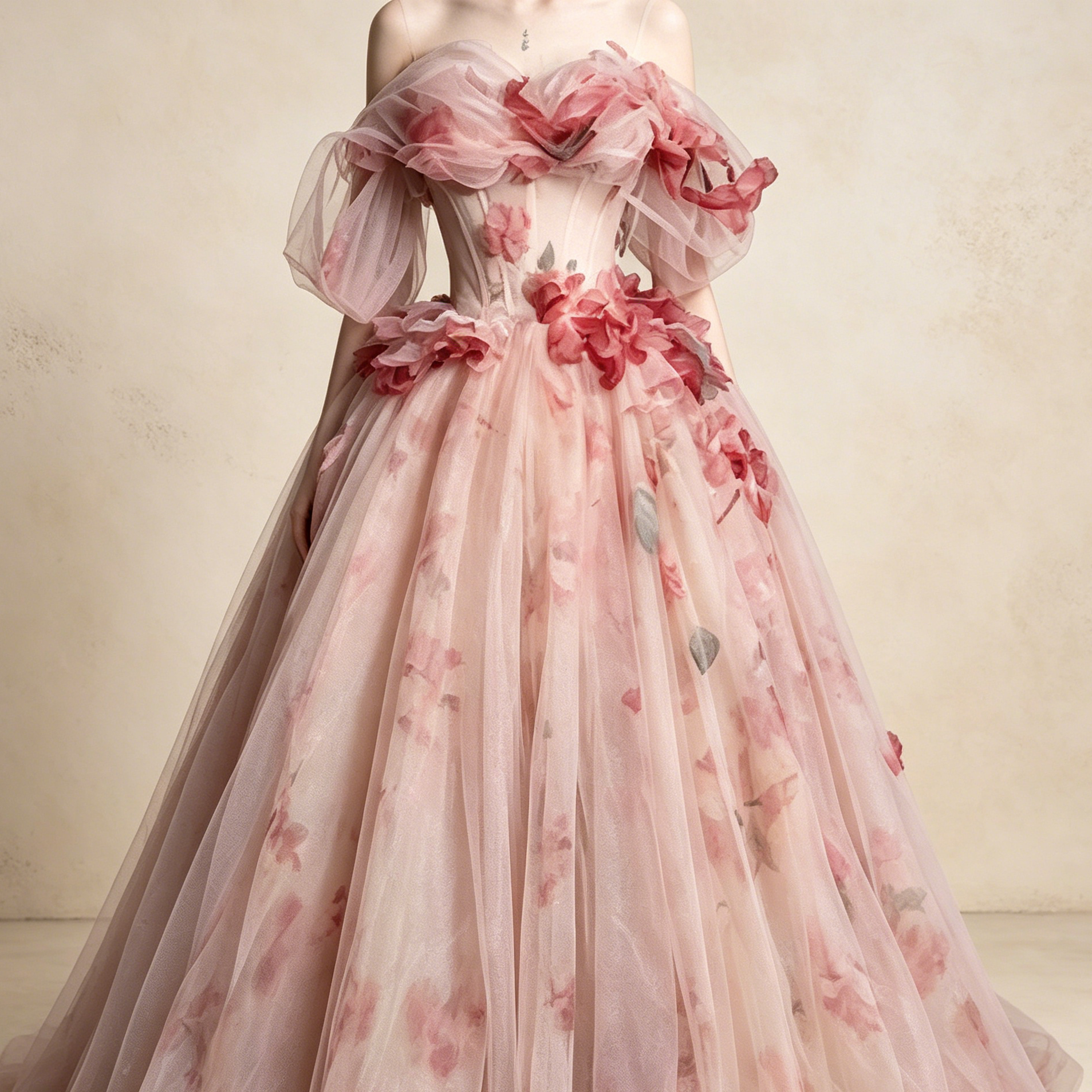 Off-Shoulder Abendkleid mit bunten Floral-Details | Elegantes Tüll-Maxikleid Rosé
