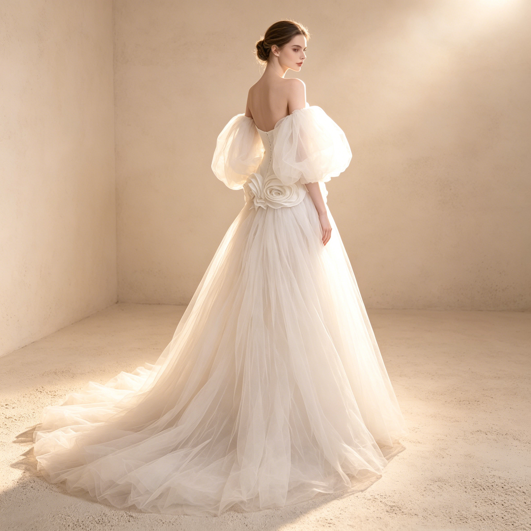 Trägerloses High-Low Ballkleid mit drapierter Corsage und Tüllschleppe in Creme