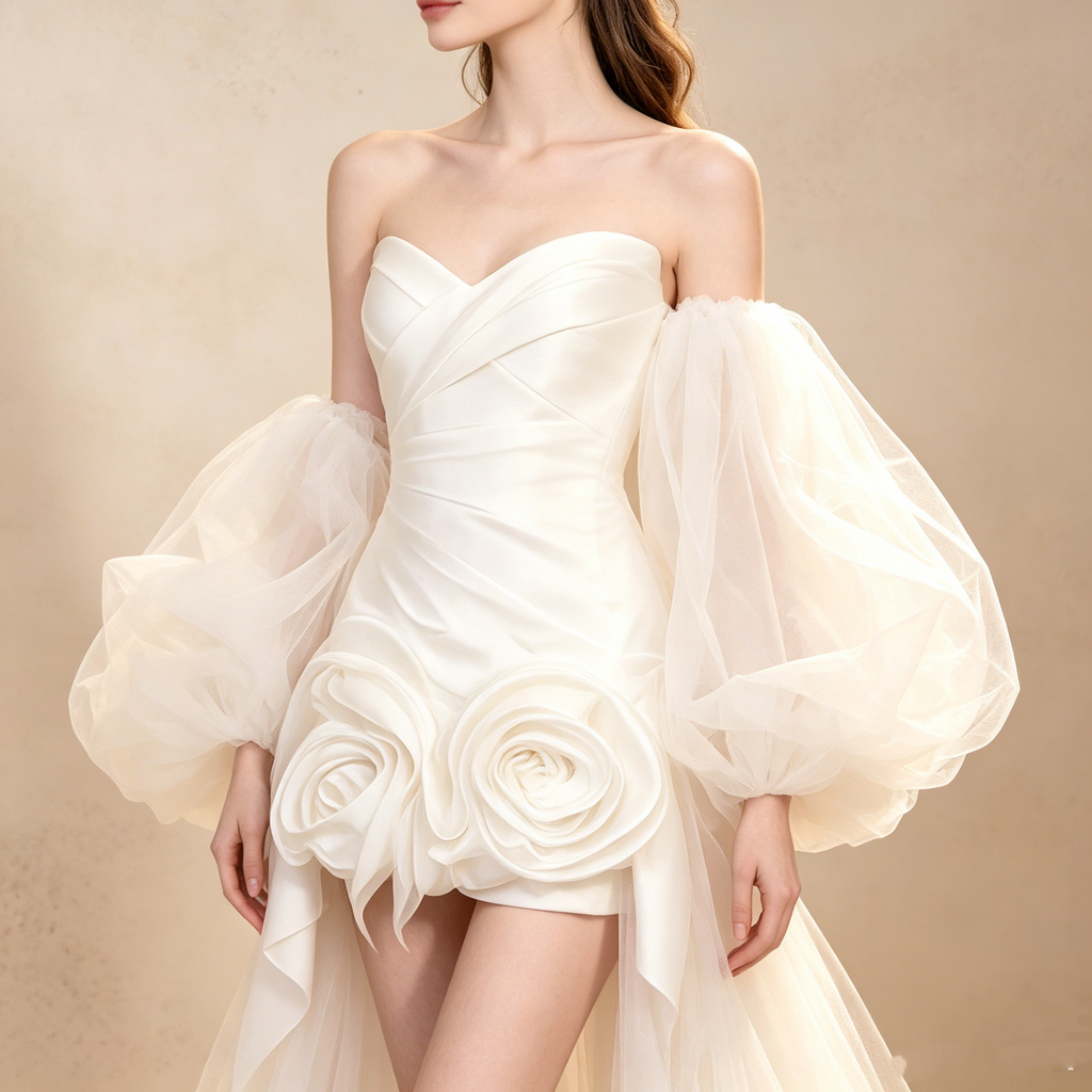 Trägerloses High-Low Ballkleid mit drapierter Corsage und Tüllschleppe in Creme