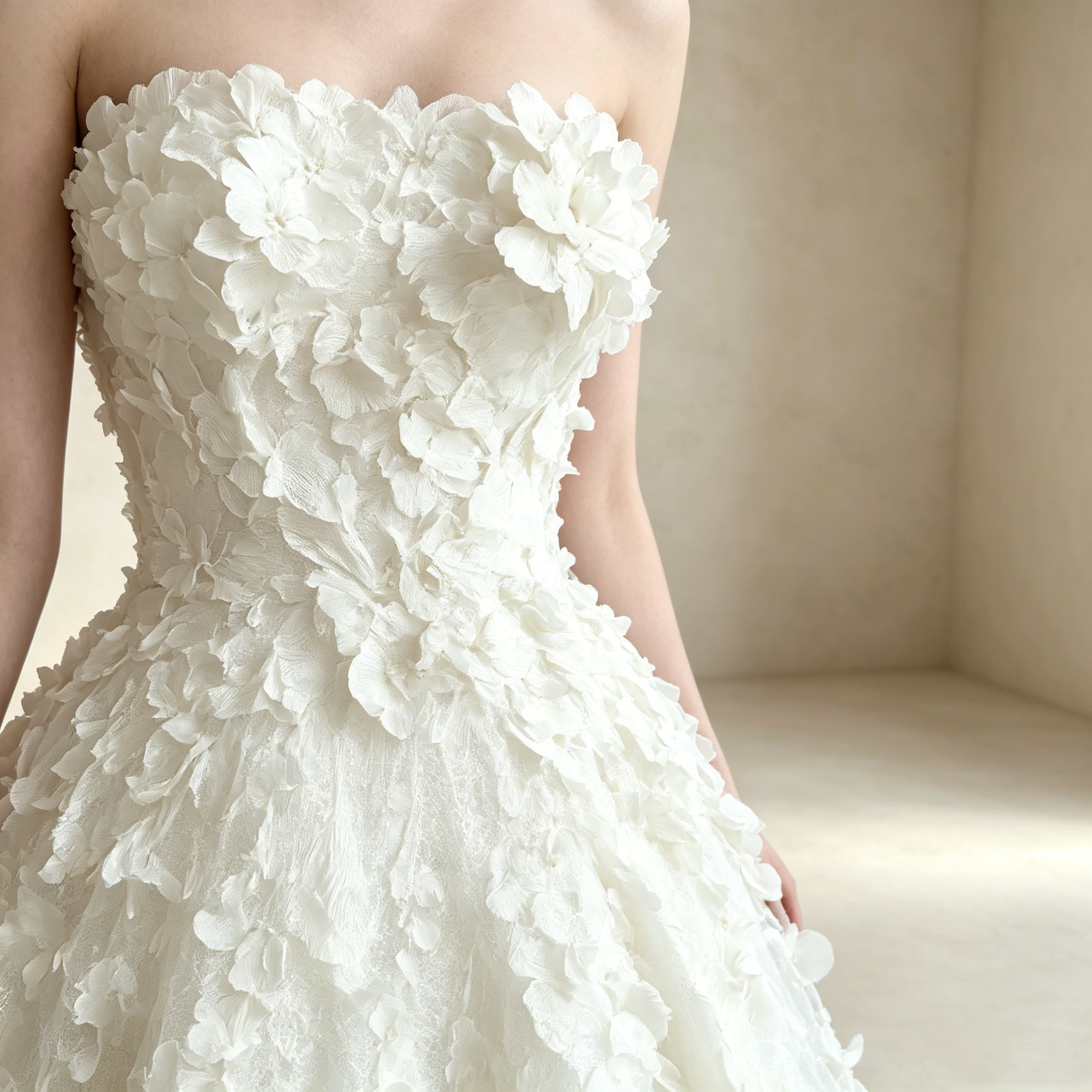 Elegantes A-Linien Abendkleid mit 3D-Blumen | Trägerloses Maxikleid Weiß