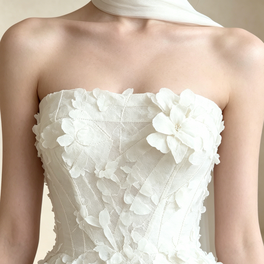 Elegantes A-Linien Abendkleid mit 3D-Blumen | Trägerloses Maxikleid Weiß