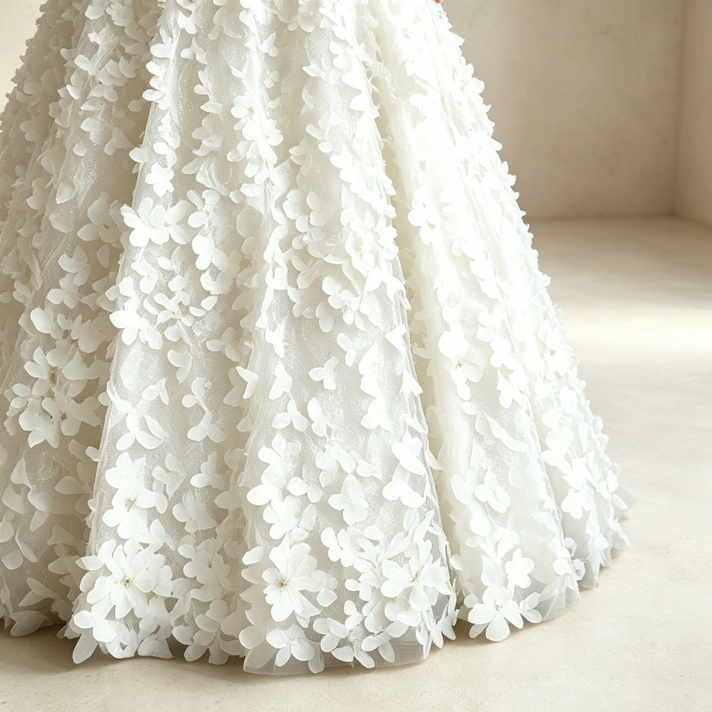 Elegantes A-Linien Abendkleid mit 3D-Blumen | Trägerloses Maxikleid Weiß