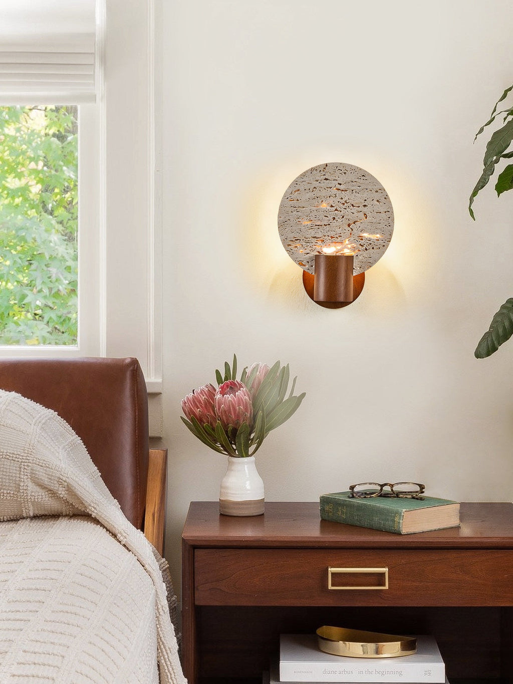 Solis Travertine Round Wall Light