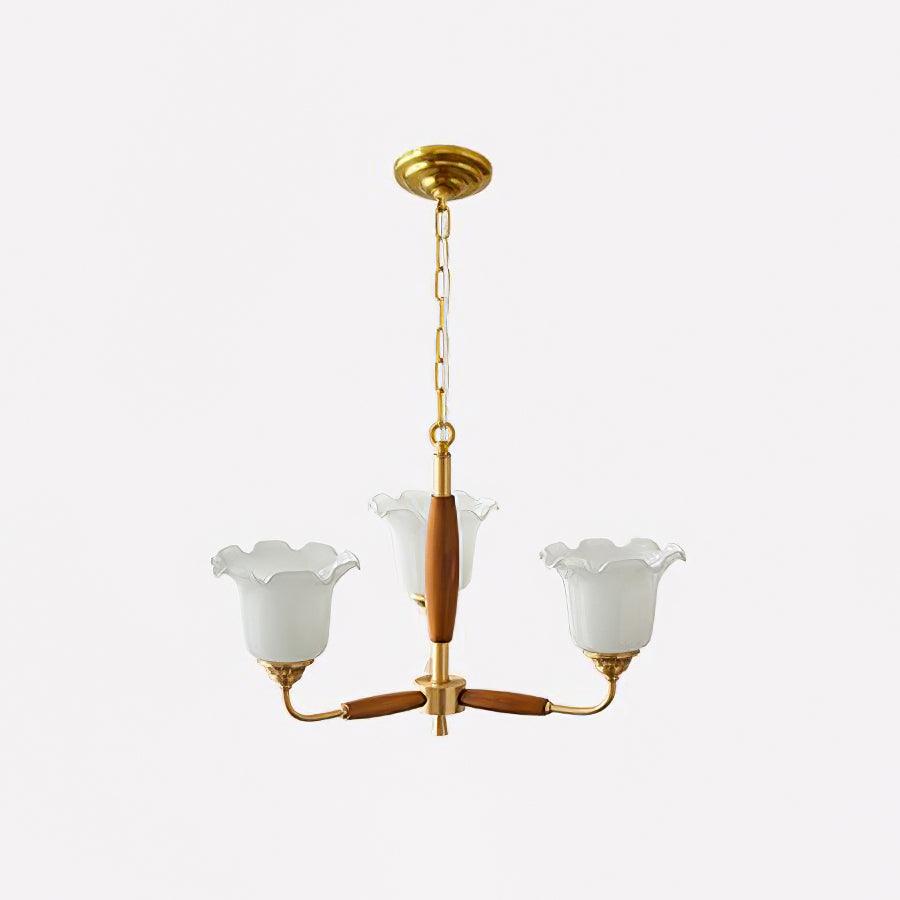 Trumpet Flower Glass Chandelier 3 heads ∅ 19.7″ x H 15″ / Dia 50cm x H 38cm / Brass + Wooden＆White Chandelier