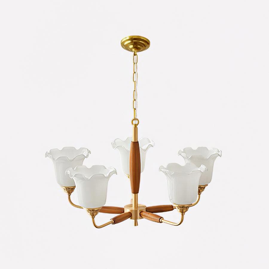 Trumpet Flower Glass Chandelier 5 heads ∅ 24.4″ x H 15″ / Dia 62cm x H 38cm / Brass + Wooden＆White Chandelier