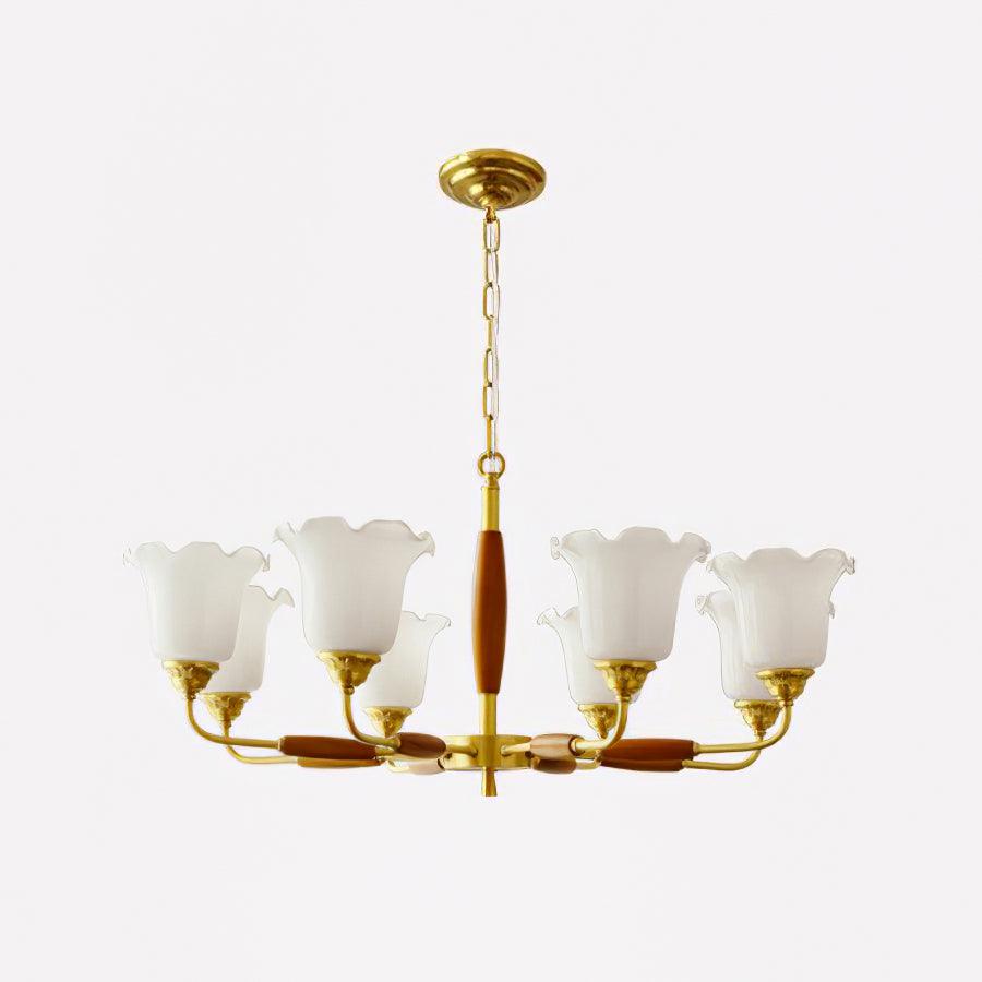 Trumpet Flower Glass Chandelier 8 heads ∅ 31.5″ x H 15″ / Dia 80cm x H 38cm / Brass + Wooden＆White Chandelier