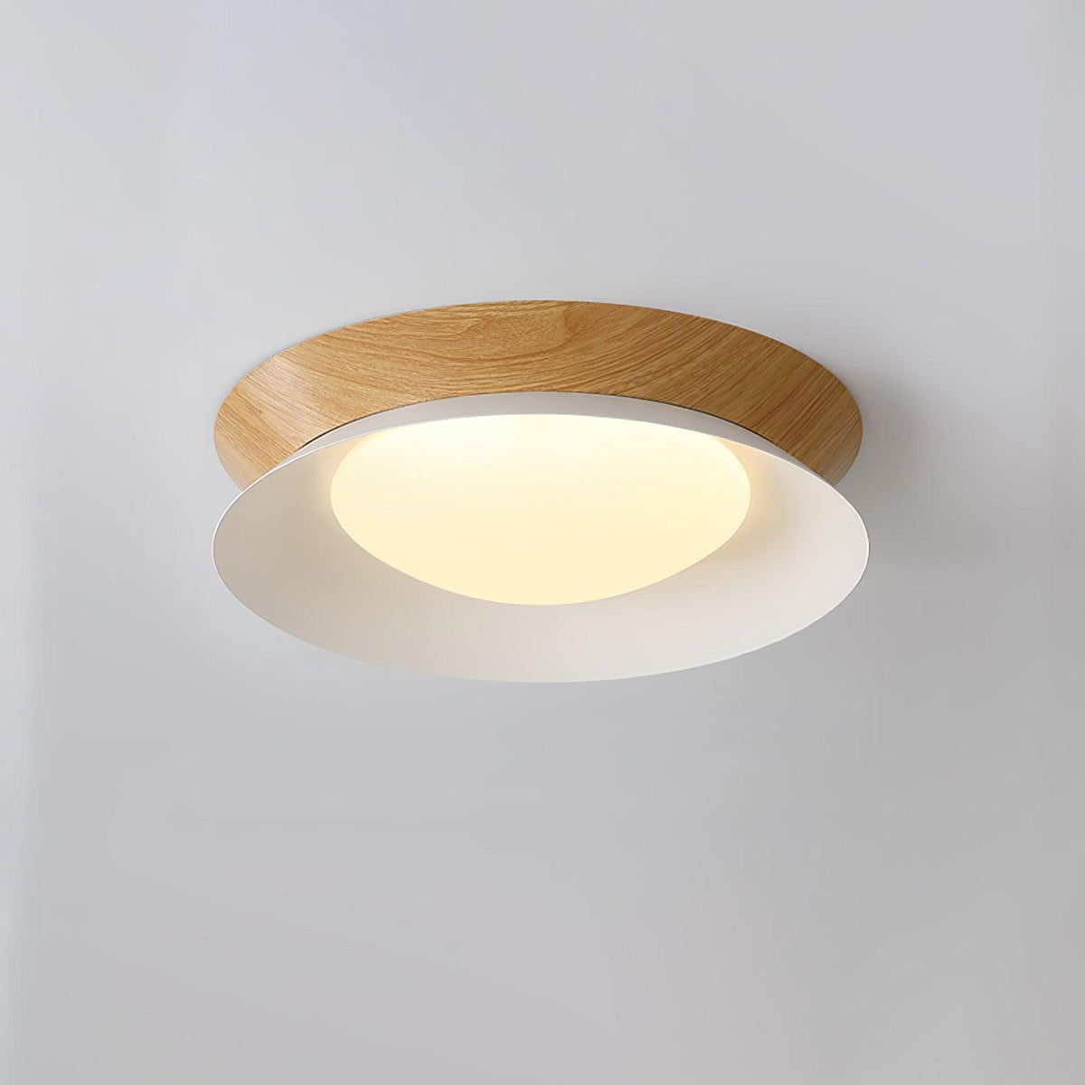 Double Half Round Ceiling Light ∅ 15.7″ x H 3.1″ / Dia 40cm x H 8cm / Nature wood grain & White / Warm Light Ceiling